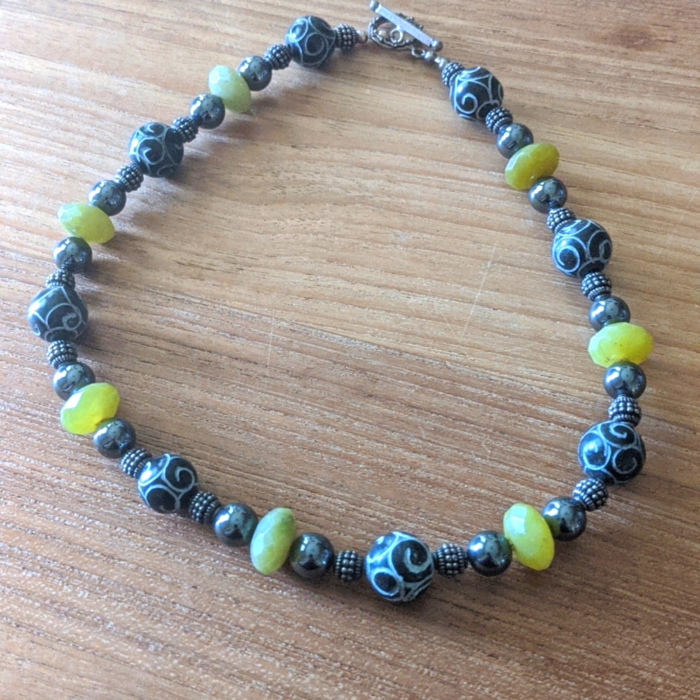 Etched stone, hematite necklace